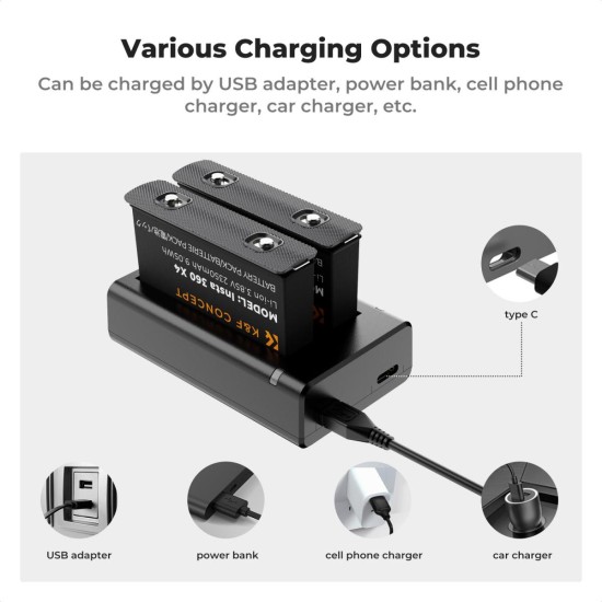K&F Concept Insta 360 X4 Battery Pack- 2 Batteries + Dual Charger K&F Concept Insta 360 X4 Battery Pack- 2 Batteries + Dual Charger